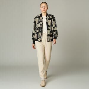 Vintage Cascais Black Cream Pattern Zip Up Jacket Womens Size Medium Mexico Poly